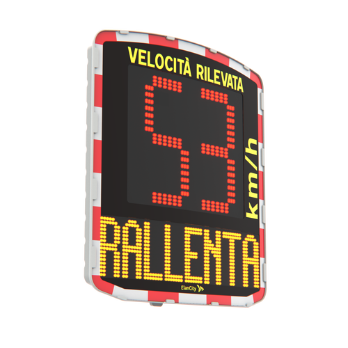Pittogramma del radar EVOLIS che mostra una velocità eccessiva di 53 km/h e un messaggio di prevenzione “RALENTA”.